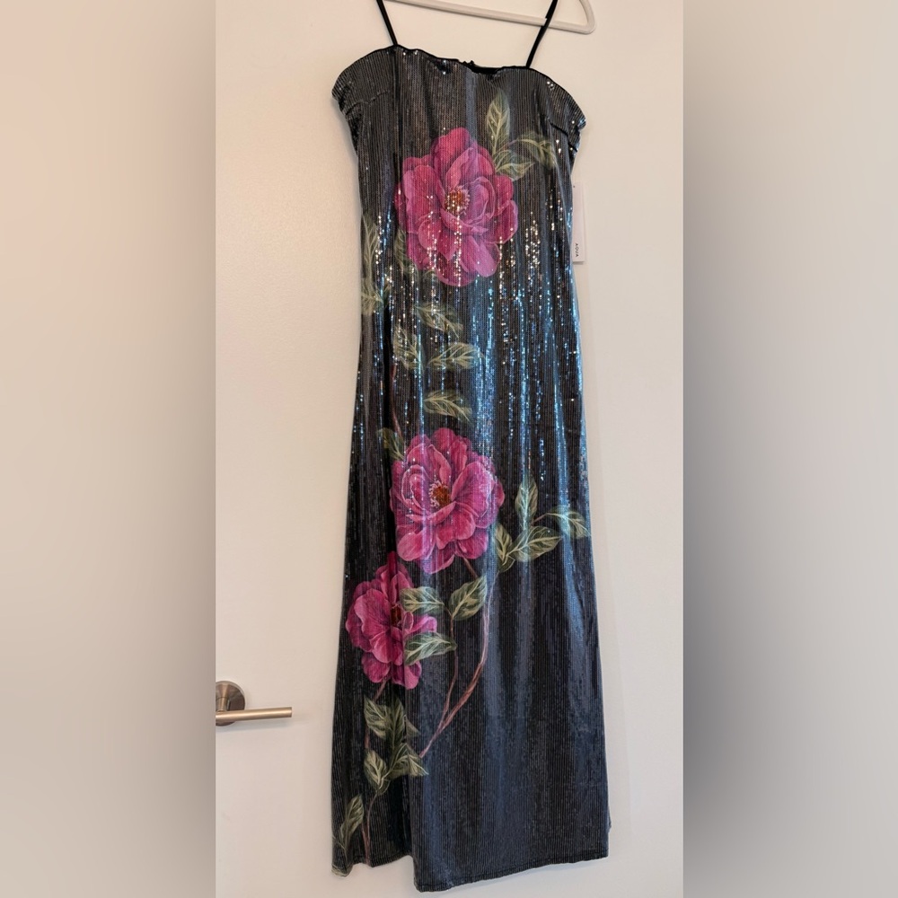 Bloomingdale's Elegant Black Maxi Dress with purple Floral Accents